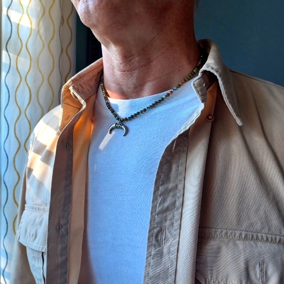 New men's turquoise stone with steel beads and horns pendant hand woven necklace - Picture 3 of 8